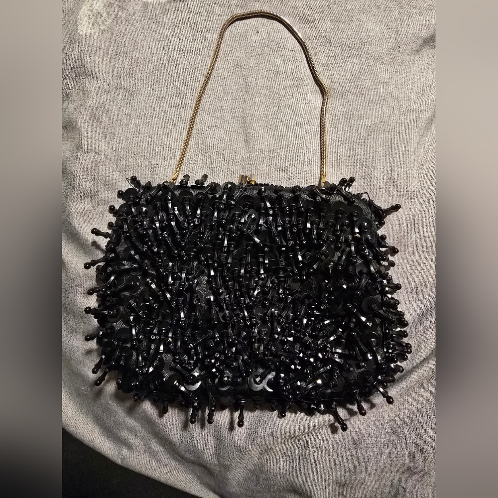 Black on Black Tear Drop Beaded Puffy Evening Clutch w/ Brass Clasp & Rope Drop